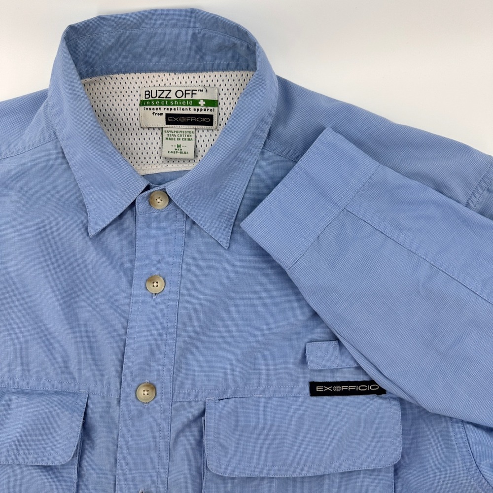 ExOfficio‎ Buzz Off Insect Shield Shirt Mens Medium Outdoor Travel Light Blue